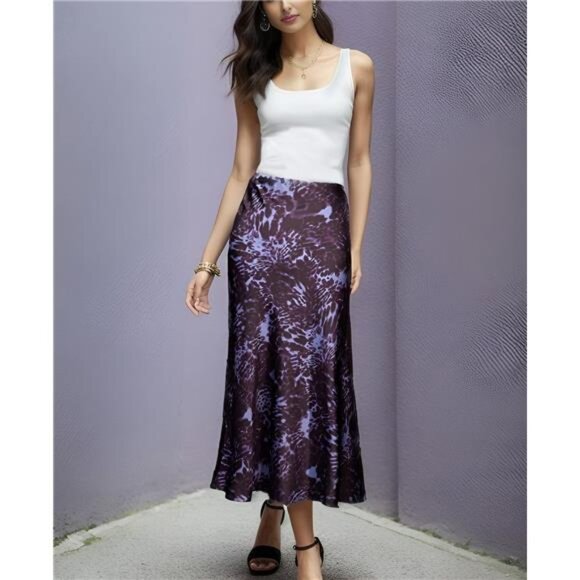 Womens Leopard Print Skirt Midi Long Length Silk Satin High Waist Elastic Skirts - Picture 4 of 6